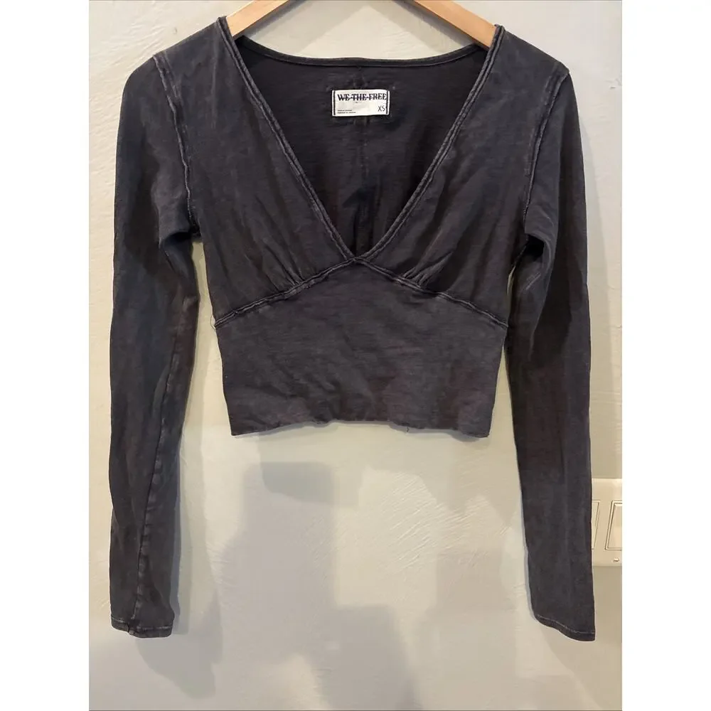 FREE PEOPLE Ivy Tee Charcoal Long Sleeve Shirt 100% Cotton ~ XS Grunge Whisygoth
